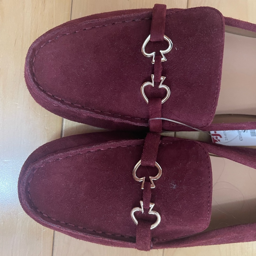 New Kate Spade Burgundy Bernice suede Loafers with Gold Accents
